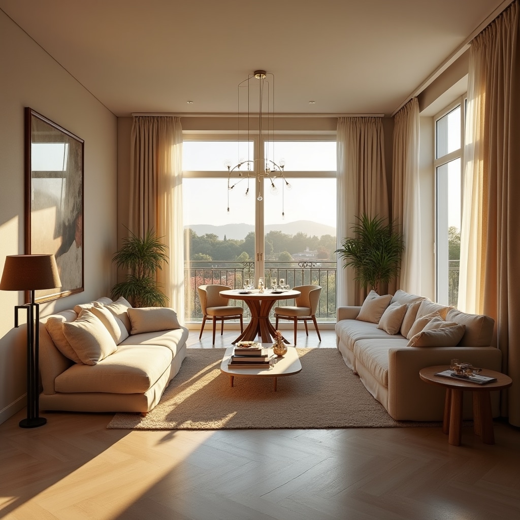Vista ampia di un immobile completamente allestito con home staging professionale, luce naturale