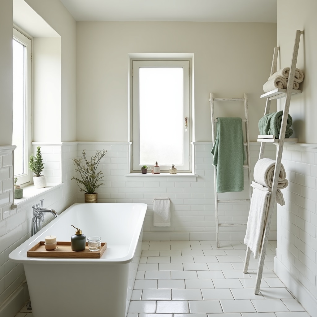 Bagno con accessori bianchi e asciugamani piegati per home staging, atmosfera spa