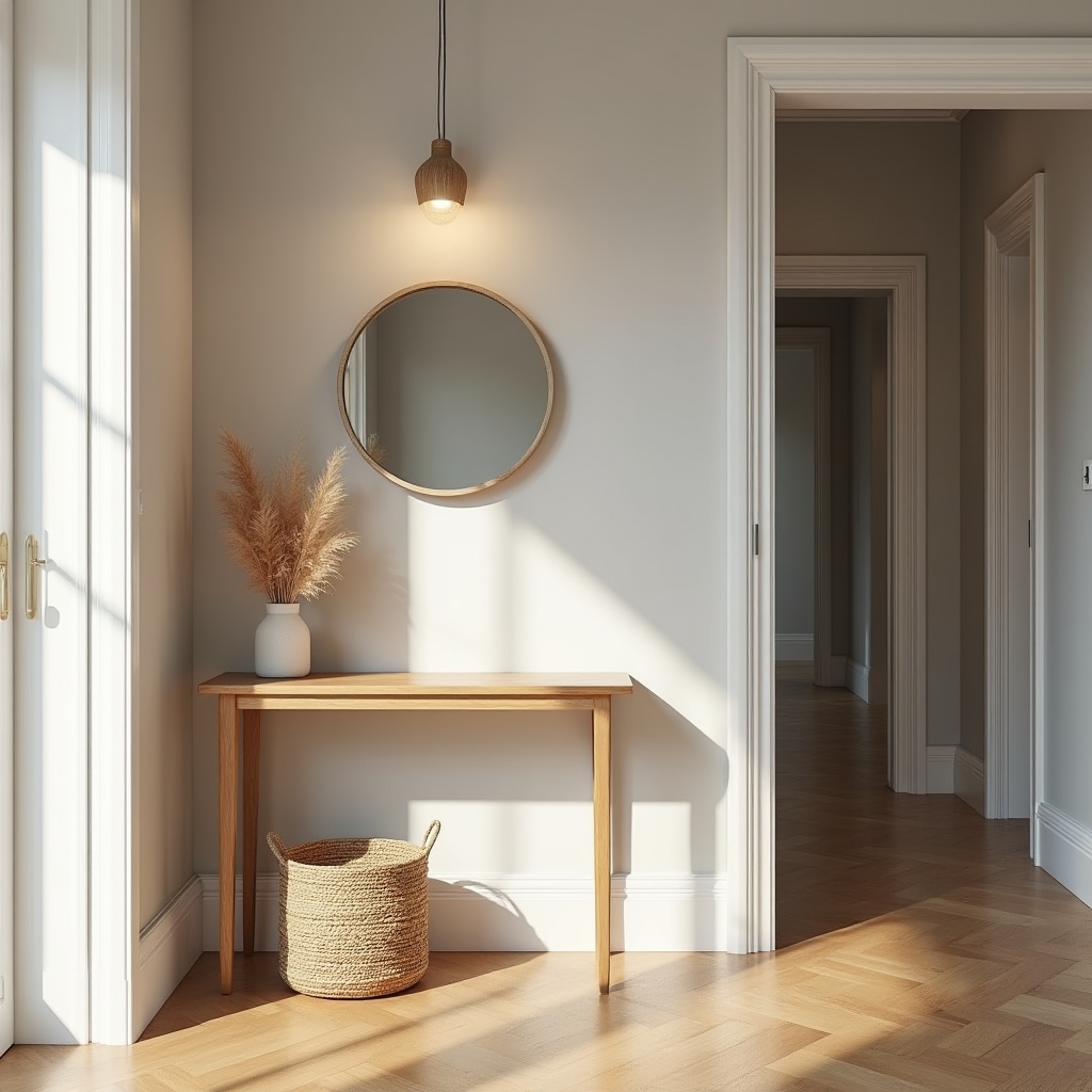 Ingresso arredato in stile neutro con specchio, tavolino e decorazioni minimaliste