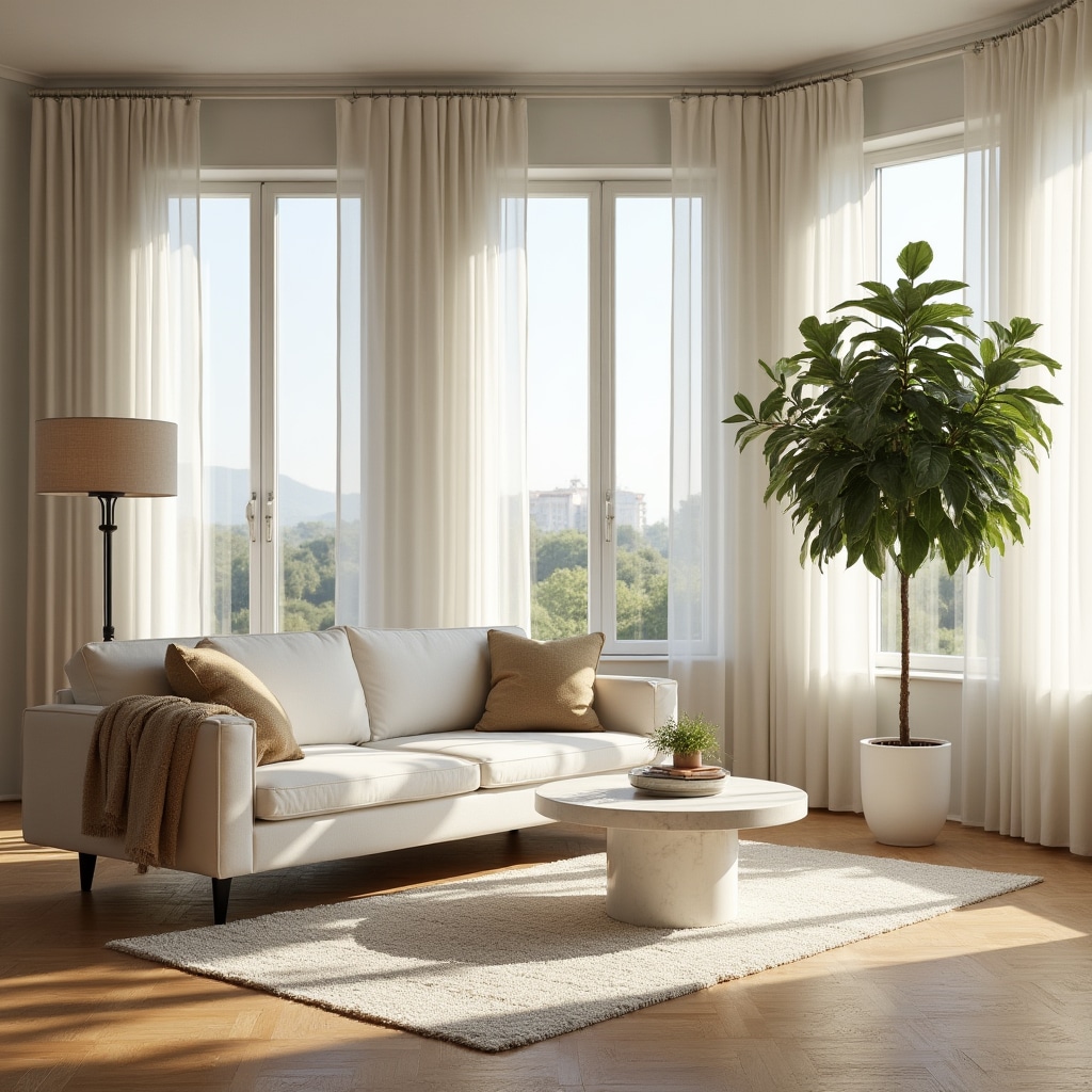 Salotto luminoso allestito con home staging professionale, divano bianco e piante