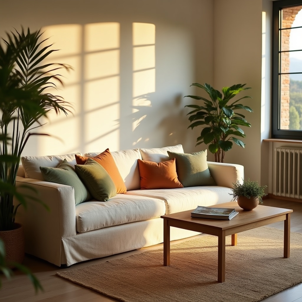 Soggiorno allestito con cura per home staging, con divano e accessori selezionati