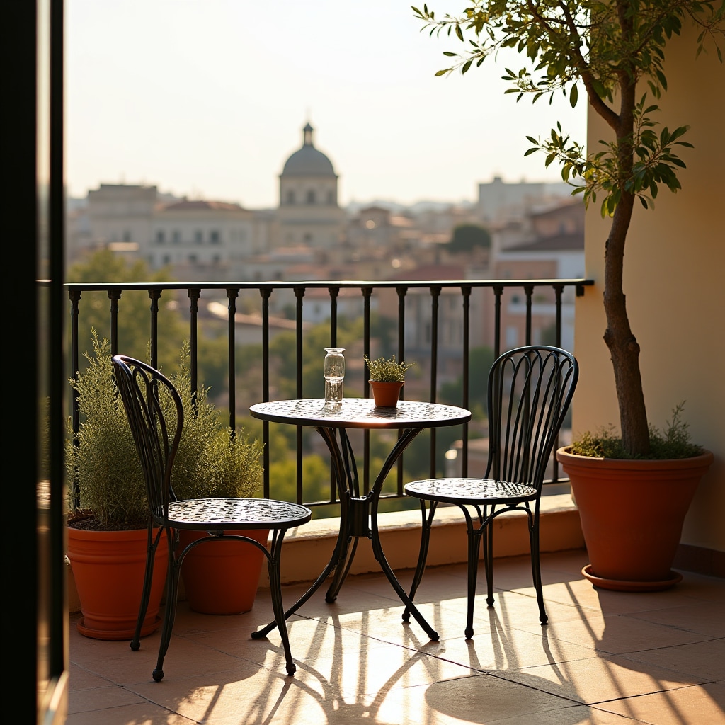 Terrazza allestita con sedie e piante per annuncio immobiliare, luce naturale pomeridiana